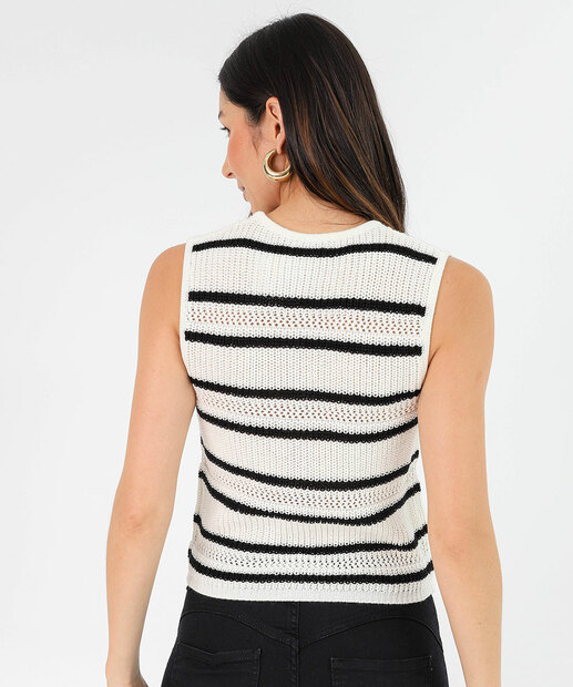 Colete Feminino Tricô Listrado Botões Marisa Off White