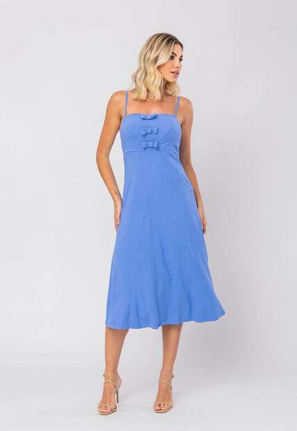 Vestido Midi Viscolinho Premium Laços Azul Salvatore