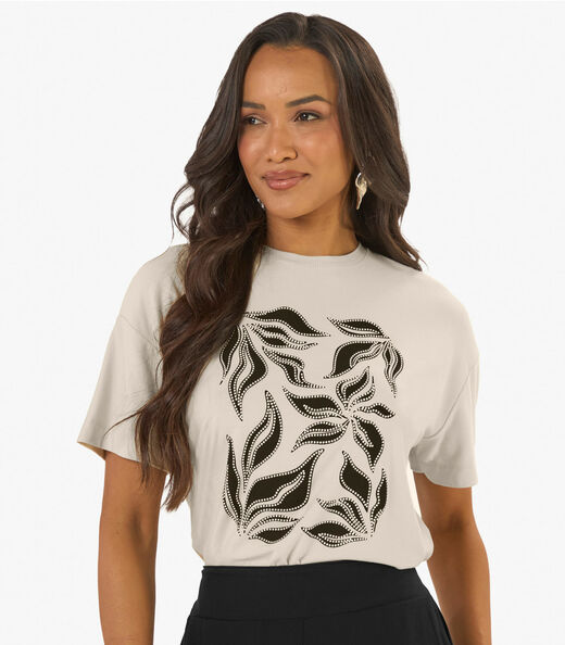 Blusa Feminina Visco Creponada Com Estampa Rovitex Bege
