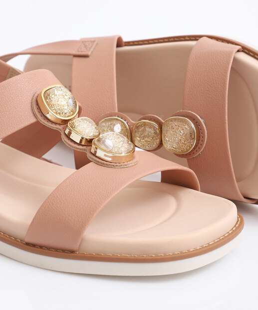 Sandália Feminina Rasteira Pedras Modare Bege