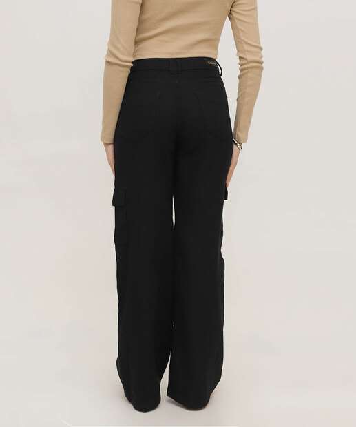 Calça Sarja Wide Leg Bolsos Cargo Feminina 