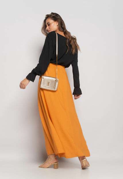 Blusa Gola V Manga Babado Viscolinho Preto Salvatore