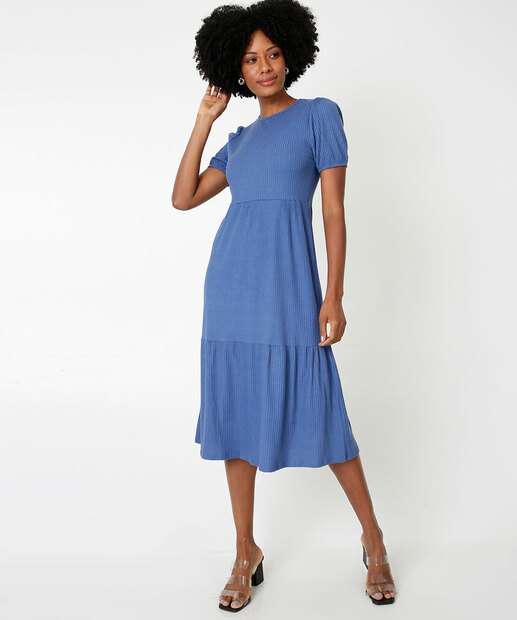 Vestido Feminino Canelado Manga Curta Marisa 