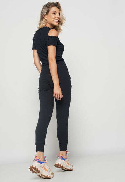 Conjunto  Comfy Com Blusa Ombro Vazado e Jogger Canelada Preto Salvatore Fashion