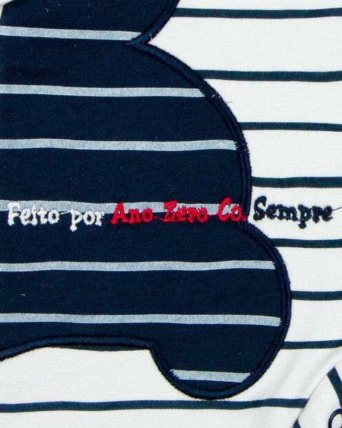 Macacao Bebe Longo Menino Suedine Listrado com Bordado Aplicados de Urso - Branc