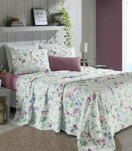 Jogo De Cama Queen Floral 200 Fios Lar e Lazer Bege