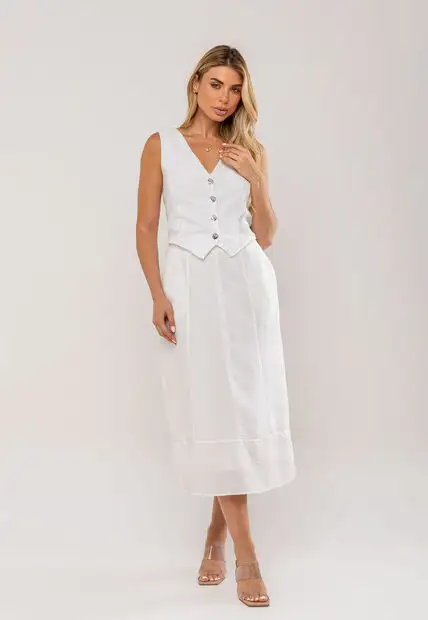 Conjunto Com Colete e Saia Midi Branco Salvatore