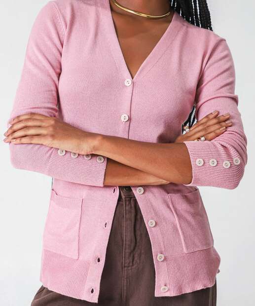 Cardigan Feminino Alongado Bolsos Marisa Rosa