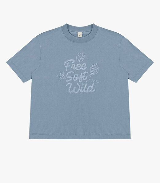 Camiseta Feminina Meia Malha Com Estampa Rovitex Azul