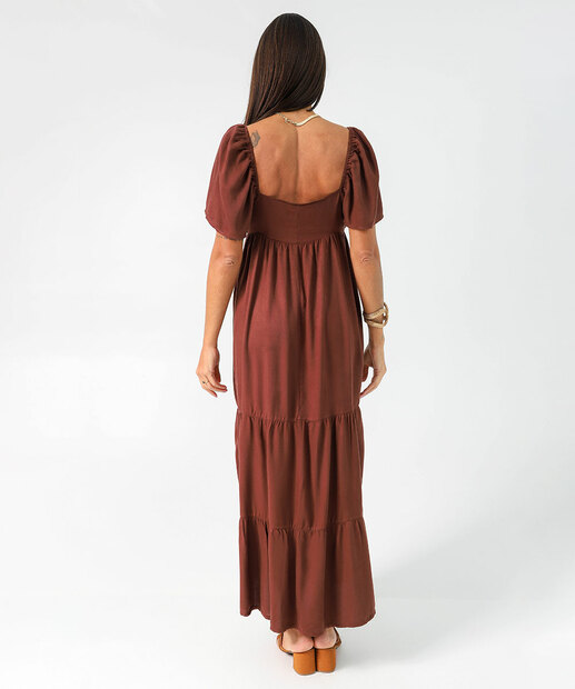 Vestido Feminino Longo Manga Curta Marisa Marrom
