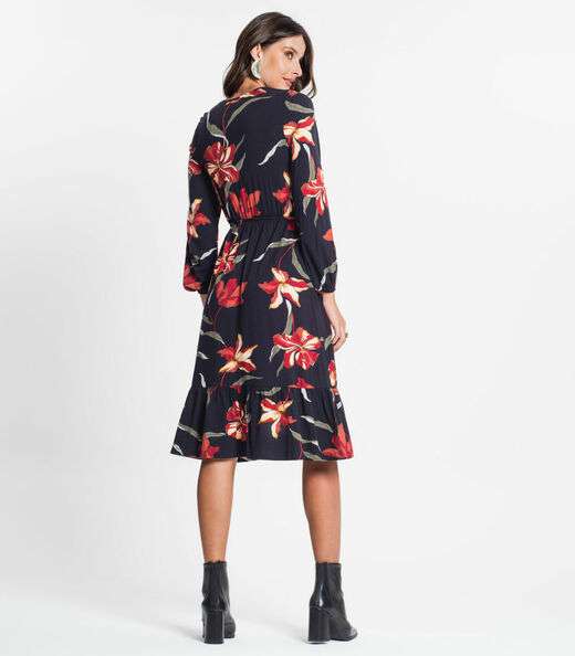 Vestido Feminino Manga Longa Floral Rovitex Preto