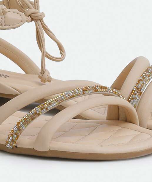 Sandália Feminina Rasteira Strass Amarração Mississipi