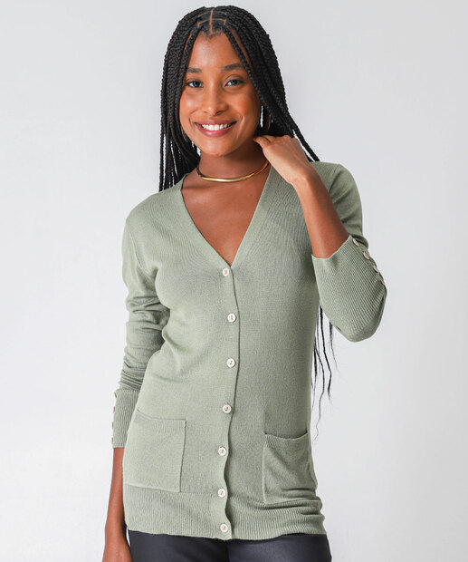 Image_Cardigan Feminino Tricô Alongado Bolsos Marisa Verde