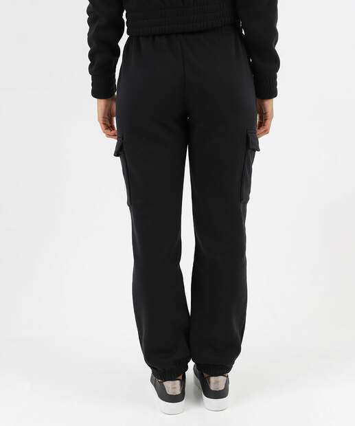 Calça Moletom Feminina Jogger Cargo Marisa Preto