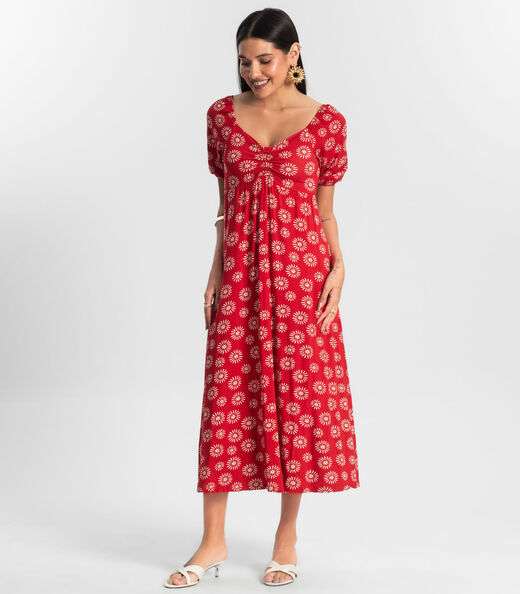 Vestido Feminino Midi Estampado Rovitex Vermelho