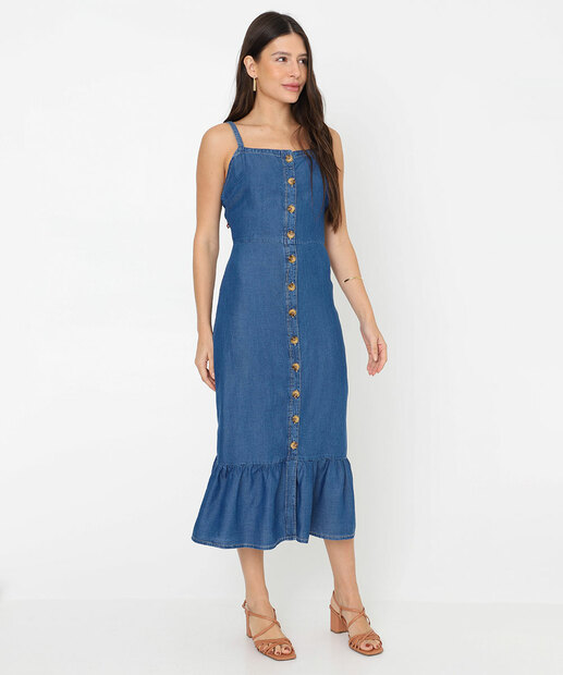 Vestido Feminino Midi Jeans Babado Botões Marisa Azul