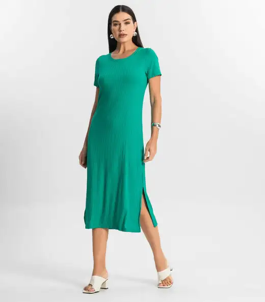 Vestido Midi Ribana Canelada Básico Rovitex Verde
