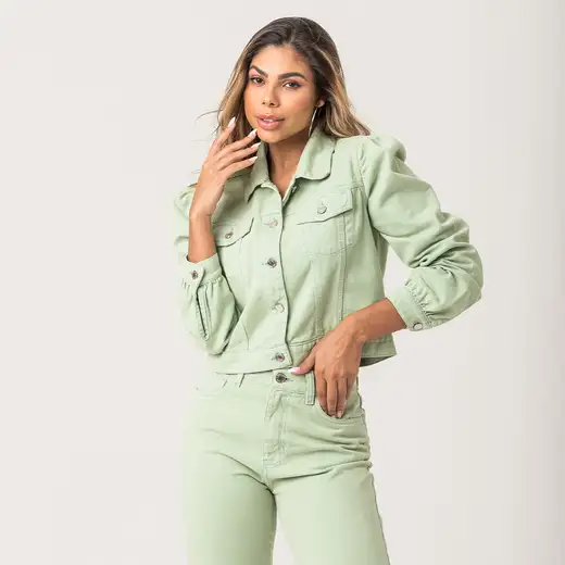 Jaqueta Cropped Feminina Verde Sarja Zune