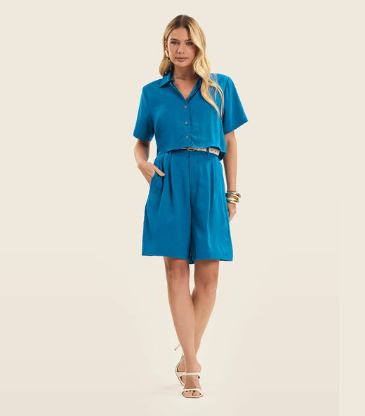 Camisa Feminina Manga Curta Com Gola Endless Azul