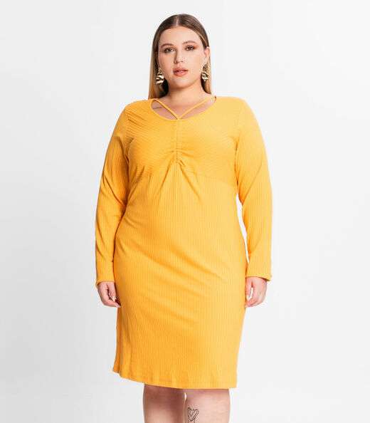 Image_Vestido Plus Size Em Ribana Canelada Secret Glam Amarelo