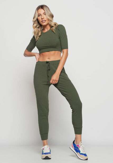 Cropped  Princesa Gola Redonda Malha Canelada Verde Salvatore Fashion