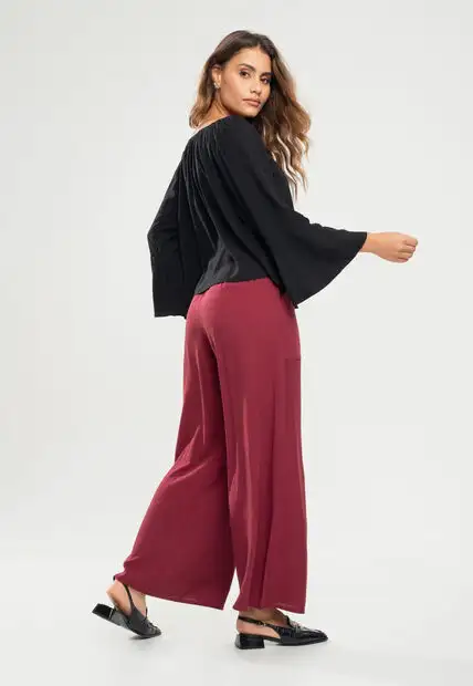 Calça Pantalona Com Bolso Viscolinho Vinho Salvatore Fashion