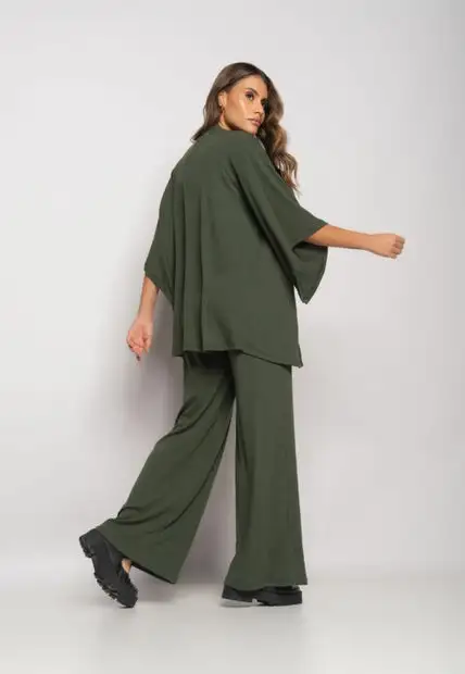 Conjunto Com Kimono, Cropped e Wide Leg Canelado Verde Salvatore