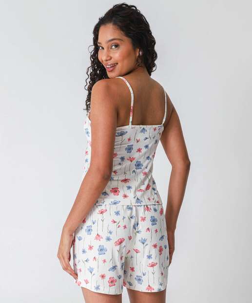 Pijama Feminino Flores Alças Finas Marisa Off White