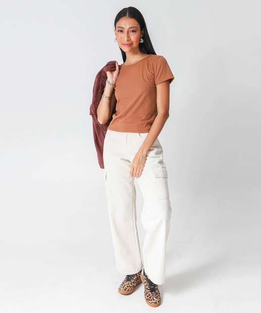 Blusa Feminina Canelada Manga Curta Marisa Marrom