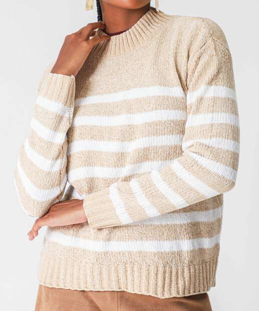Suéter Feminino Chenille Listrado Marisa Bege