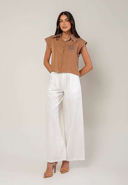 Blusa Alfaiataria Com Gola Em Renda E Bolso Decorado Marrom Salvatore