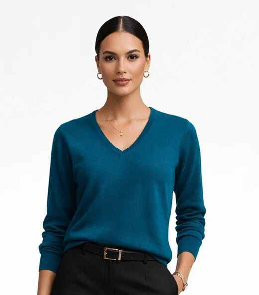 Image_Suéter Feminino Gola V em Tricot Rovitex Azul