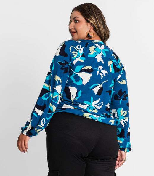 Blusa Estampada Manga Longa Plus Size Secret Glam Azul