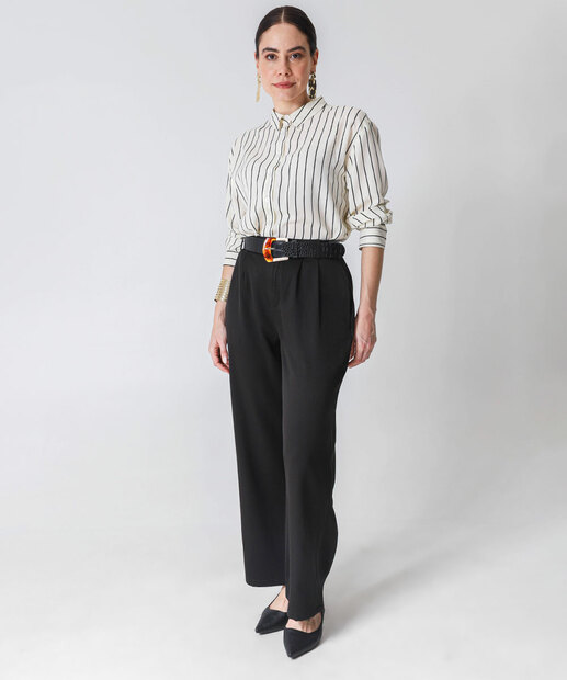 Camisa Feminina Listrada Manga Longa Marisa Bege