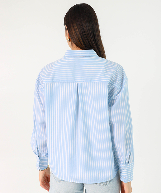 Camisa Feminina Listrada Manga Longa Marisa Azul