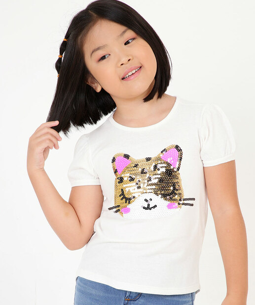 Camiseta Infantil Gato Paetê Marisa Tam 4 a 10