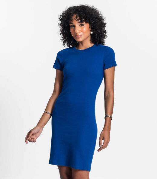 Vestido Acinturado Em Ribana Canelada Rovitex Azul