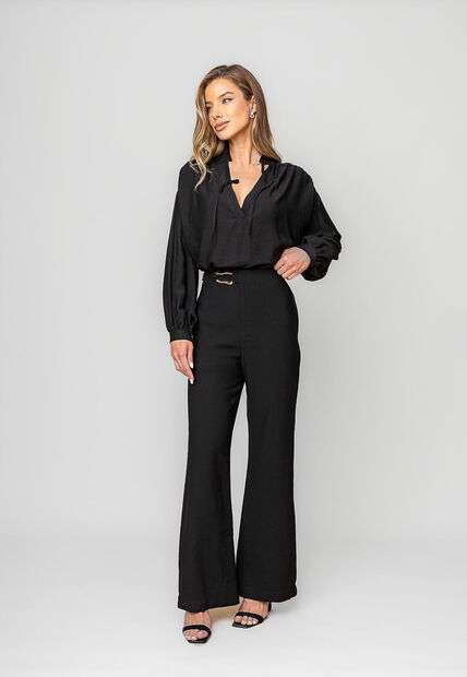 Calça Reta Alfaiatada Com Cinto Preto Salvatore