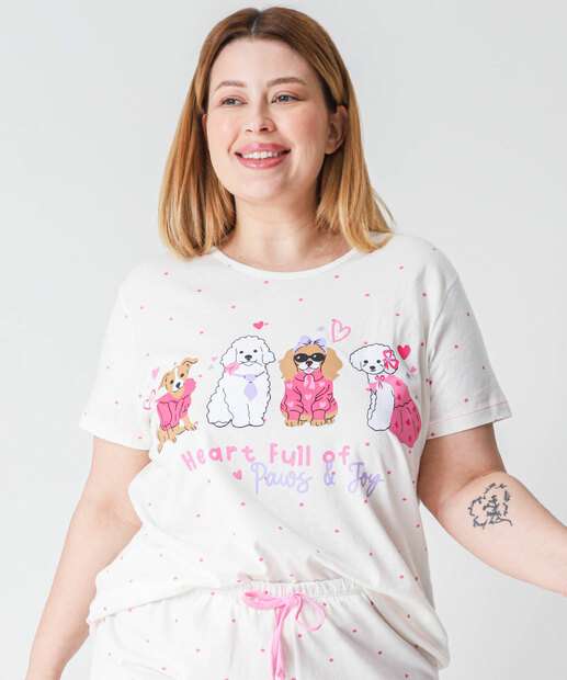 Pijama Plus Size Feminino Poá Cachorros Marisa Off White