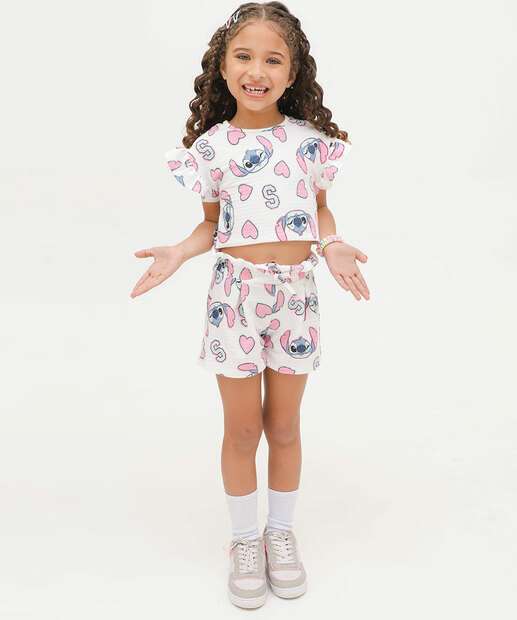 Blusa Infantil Babado Estampa Stitch Disney Tam 4 a 10