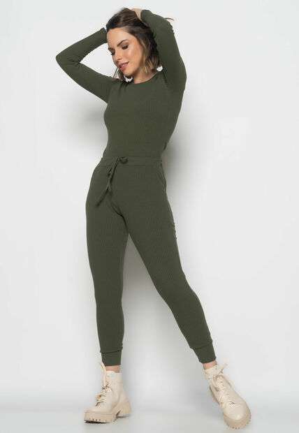Conjunto  Comfy Com Blusa Manga Longa e Jogger Canelada Verde Salvatore Fashion