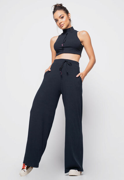 Cropped  Regata Sport Cadarço Gola Malha Canelada Preto