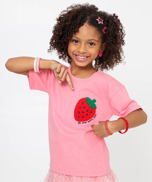 Image_Blusa Infantil Chenille Bordado Morango Marisa Tam 4 a 10 Rosa