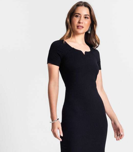 Vestido Midi Em Ribana Canelada Rovitex Preto