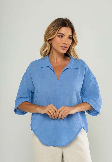 Blusa Ampla Manga Curta E Decote V Azul Salvatore