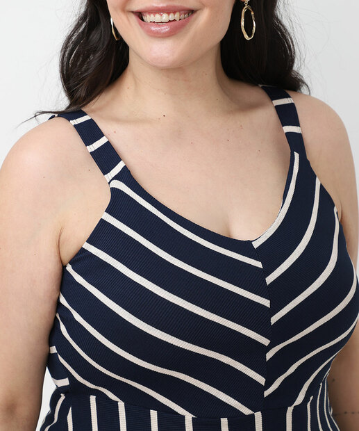 Vestido Plus Size Textura Listrado Feminino Marisa Azul