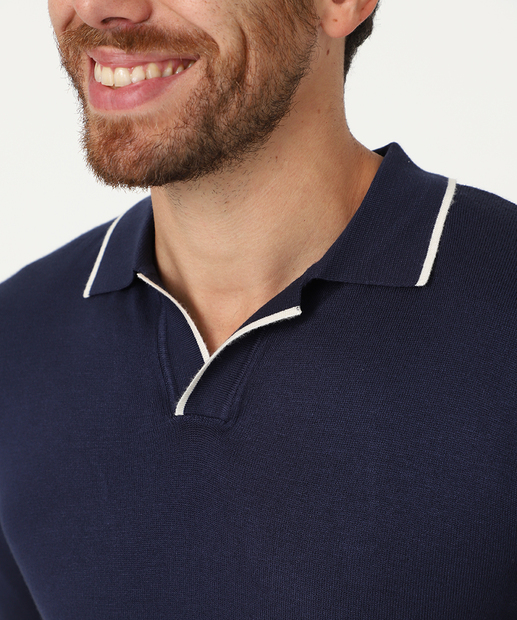 Polo Masculina Tricô Retilínea Manga Curta Marisa Azul