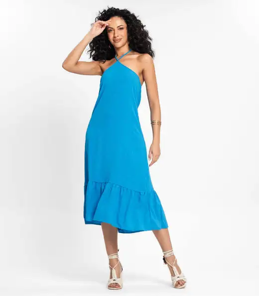 Vestido Midi De Alça E Babados Em Air Flow Rovitex Azul