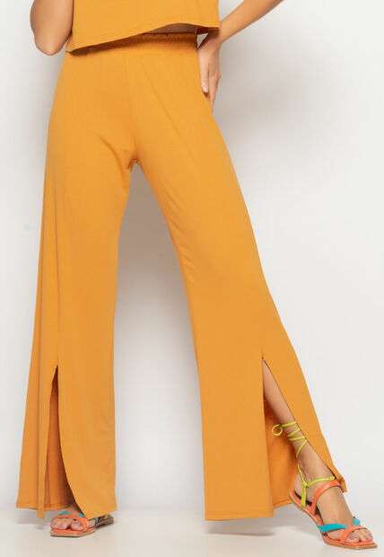 Conjunto Cropped Golão E Calça Fenda Frontal Malha Caramelo Salvatore