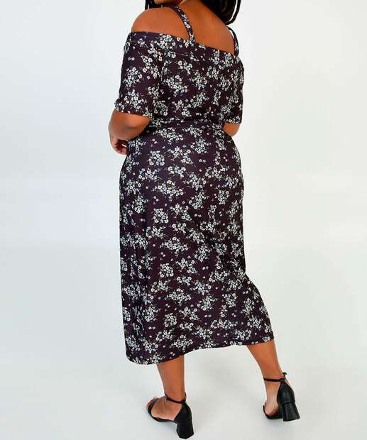 Vestido Plus Size Feminino Midi Open Shoulder Floral